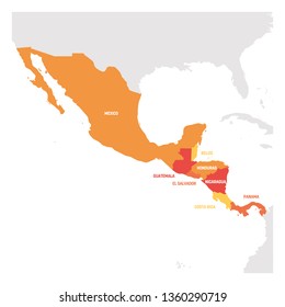 Central America Region. Map of countries in central part of America. Vector illustration.