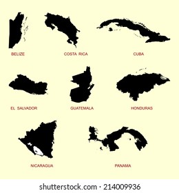 Central America vector map with separated states. Belize map, Costa Rica silhouette, Cuba shadow, El Salvador state, Guatemala country, Honduras, Nicaragua and Panama map. Caribbean countries set.