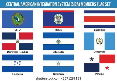 Central American Integration System, SICA Members Flag Set Vector Illustration