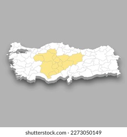 Central Anatolia region location within Turkey 3d isometric map