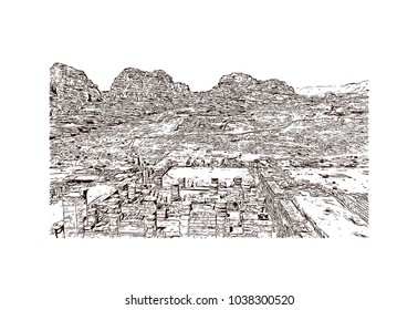 Central area in Petra, Jordan. Hand drawn sketch illustration in vector.