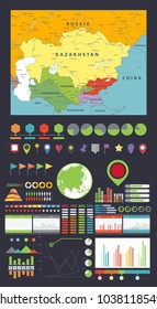 Central Asia Map and Infographics design elements. Business template in flat style for presentation, booklet, website and other creative projects.