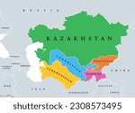 Central Asia, or Middle Asia, colored political map. Region of Asia from Caspian Sea to western China, and from Russia to Afghanistan. Kazakhstan, Kyrgyzstan, Tajikistan, Turkmenistan, and Uzbekistan.