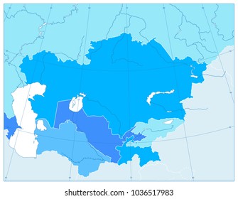 Central Asia Political Map In Colors Of Blue. No text. Vector illustration.