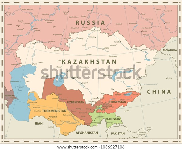 Central Asia Political Map Retro Colors Stock Vector Royalty Free