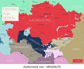 Central Asia region detailed editable map with regions cities and towns, roads and railways. Vector EPS-10 file