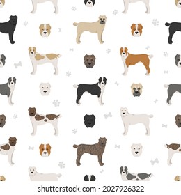 Central asian shepherd seamless pattern. Different poses, coat colors set.  Vector illustration