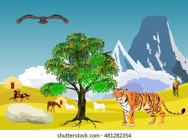 Central Asian turan tiger, kazakh nomad dwellings on background, vector illustration