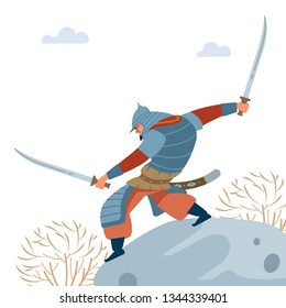 Central Asian Warrior. Nomad warrior with two swords on stone, attacks in battle. Medieval battle illustration. Historical illustration. Isolated vector flat illustration