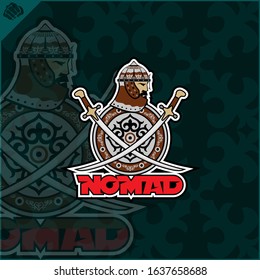 Central Asian warrior nomads, Isolated vector illustration in flat cartoon style logo . Kazakhstan.