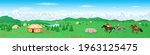 Central Asia's Nomadic Scene with Yurts, Mountains, summer landscape and riders Kyrgyz National competition Kok-Boru vector illustration