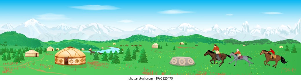 Central Asia's Nomadic Scene with Yurts, Mountains, summer landscape and riders Kyrgyz National competition Kok-Boru vector illustration