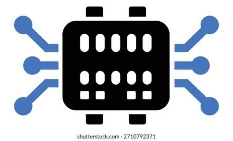 Central automation control system icon representing smart factory controllers with multiple connections and circuits on a white background.