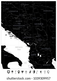 Central Balkan Region Map Black Color and Flat Map Pointers. Vector illustration.