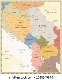 Central Balkan Region Map Retro Color. Vector illustration.
