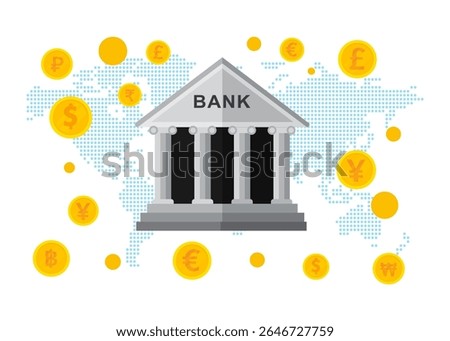 Central bank and different digital currency coins, as well as various money icons. Concepts of blockchain, finance and exchange. Stock illustration.