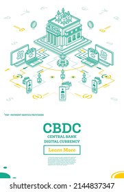 Moneda digital del Banco Central o CBDC. Concepto financiero isométrico con sistema de interacción entre el Banco Central y los proveedores de servicios de pago. Tecnología Blockchain. Ilustración vectorial.