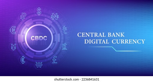 Moneda digital del banco central CBDC, moneda digital futurista sobre fondo de color tecnológico.  Utiliza la tecnología blockchain para crear un nuevo método de pago más sencillo y eficaz en función de los costos. Vector EPS10vectores.