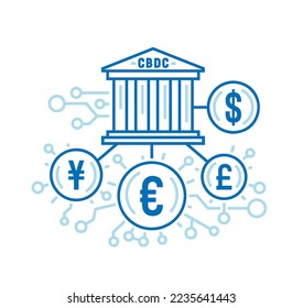 Central Bank Digital Currency. New form of money that exists only in digital form. Widely accessible digital coins. Linear sign, symbol, pictogram. Editable vector illustration. Graphic design