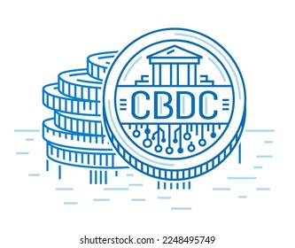 Central Bank Digital Currency. New form of money that exists only in digital form. Widely accessible digital coins. Linear sign, symbol, pictogram. Editable vector illustration. Graphic design