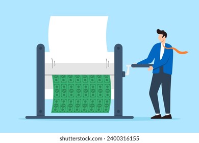 Central bank executive operating money printer for banknotes in flat design