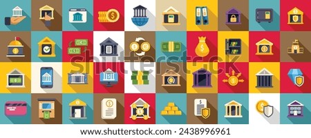 Central bank icons set flat vector. Business house building. Money management