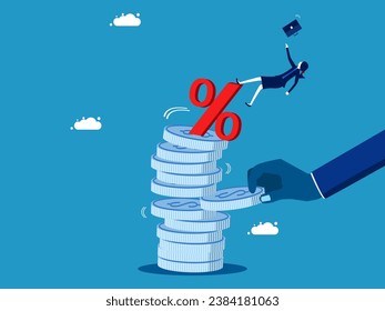 Central bank monetary policy for inflation or interest rates. Businesswoman slips on pile of coins with percentage sign