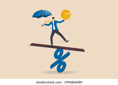 Central Bank Money Policy For Inflation Or Interest Rate, Balance Between Profit And Loss, Financial Challenge Or Risk, Economic Recover Concept, Businessman Leader Balance Himself On Percentage Sign.