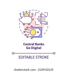 Los bancos centrales son un icono de concepto digital. Debilidad de criptodivisa en la ilustración de línea delgada de ideas abstractas en el futuro previsible. Dibujo de contorno aislado. Trazo editable. Fuentes Arial, Myriad Pro-Bold utilizadas