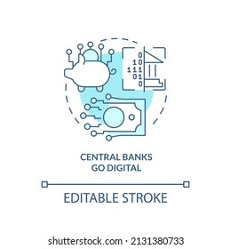 Central banks go digital turquoise concept icon. Crypto weakness in future abstract idea thin line illustration. Isolated outline drawing. Editable stroke. Arial, Myriad Pro-Bold fonts used