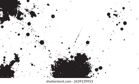 Central Black Ink Splatter on White Background, Grunge Texture with Scattered Drops