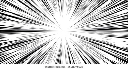 Central black lines on a white bg to illustrate the speed effect in manga style. Explosion in comics. Fast forward background in anime. Radial burst