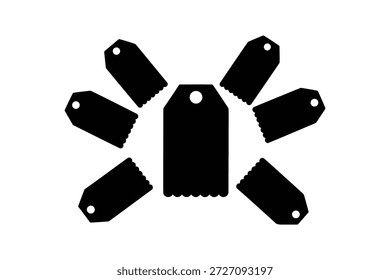 Ein zentrales schwarzes Tag, umgeben von sechs kleineren schwarzen Tags, alle mit Löchern oben, auf einfarbigem weißem Hintergrund