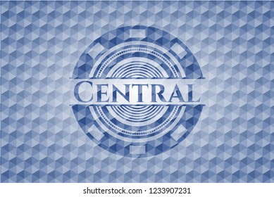 Central blue badge with geometric pattern.