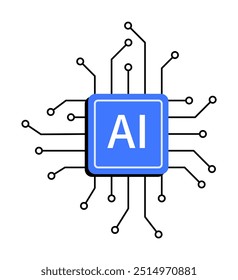 O chip azul central marcou a IA com circuitos adjacentes pretos, simbolizando a tecnologia e a conectividade da IA. Ideal para inovação tecnológica, aprendizagem de máquina, inteligência artificial, potência computacional, da