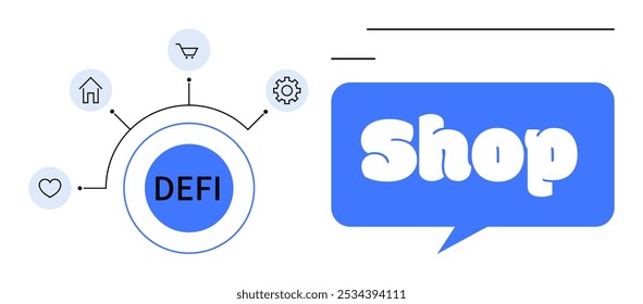 Central blue circle labeled DEFI with connected icons representing home, shopping, settings, and love. Right side has speech bubble with text Shop. Ideal for financial technology, e-commerce