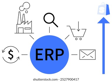 Central blue circle labeled ERP with connected icons of factory, magnifying glass, shopping cart, envelope, dollar sign, and upward arrow. Ideal for business management, process integration
