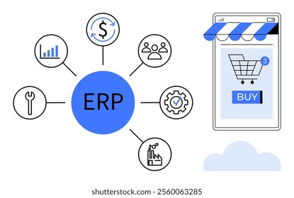 Central blue ERP circle connects icons representing finances, user management, settings, analytics, and production. Smartphone displays online store with shopping cart and buy button. Ideal for