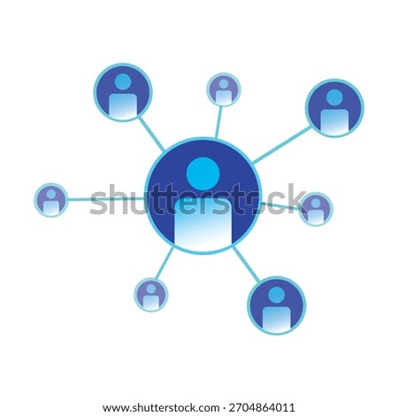 A central blue user icon connects to multiple smaller user icons via lines, forming a digital network with gradient blue circles.