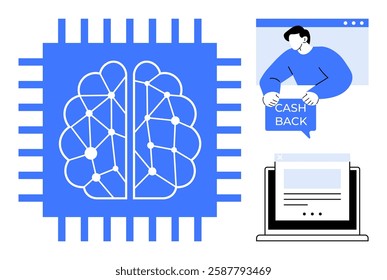 Central brain-like circuit with network nodes beside a person holding a cashback sign and an open laptop web page. Ideal for technology, artificial intelligence, financial transactions, online