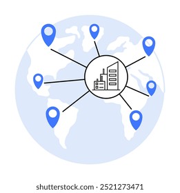 Central building icon connected to blue location markers spread globally across a faint world map. Simplistic vector style. Ideal for global business, logistics, networking, connectivity, supply chain