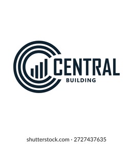 Diseño central del logotipo del edificio con el gráfico y los Elementos circulares en el icono blanco del fondo