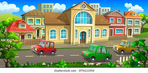 The central building in the town. A motorway with cars runs along the small town. Museum, administration, station. 