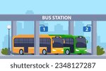 Central bus station. Vector cartoon cityscape with modern city transportation building, buses and platform. Vector illustration