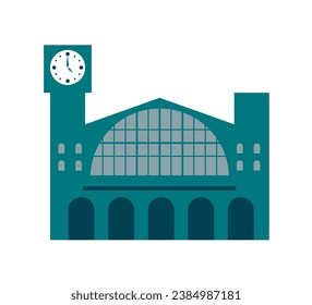 Central bus, train station entrance facade icon, symbol with big windows a big clock on the top of a tower. Basic geometric vector illustration isolated on white background.