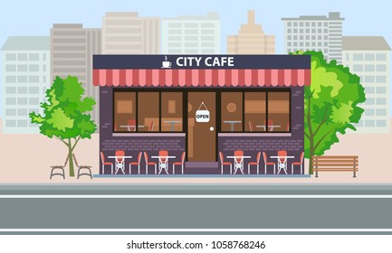 Central cafe building exterior with summer terrace, tables, chairs and trees. City landscape concept Vector flat illustration.