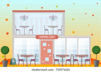 Central cafe building facade. Vector flat style. Autumn season