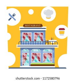 Central cafe building. Restaurant with summer terrace and with curtains. Set of detailed restaurant facade and interior with small icons. Flat style vector illustration.
