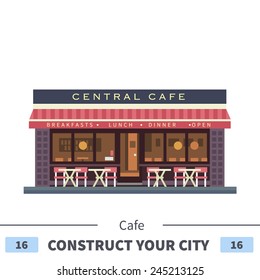 Central cafe building. Summer terrace. Set of elements for construction of urban and village landscapes. Vector flat illustration