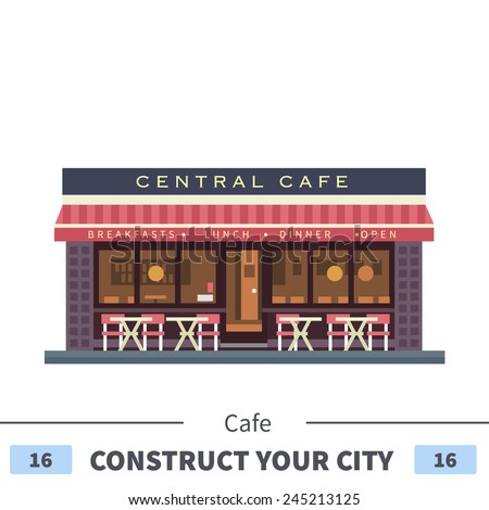 Central cafe building. Summer terrace. Set of elements for construction of urban and village landscapes. Vector flat illustration